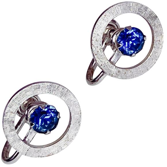 VTG Sterling Silver 50s Signed A&Z Earrings Blue Rhinestone Modernist Screw Back - Picture 1 of 11